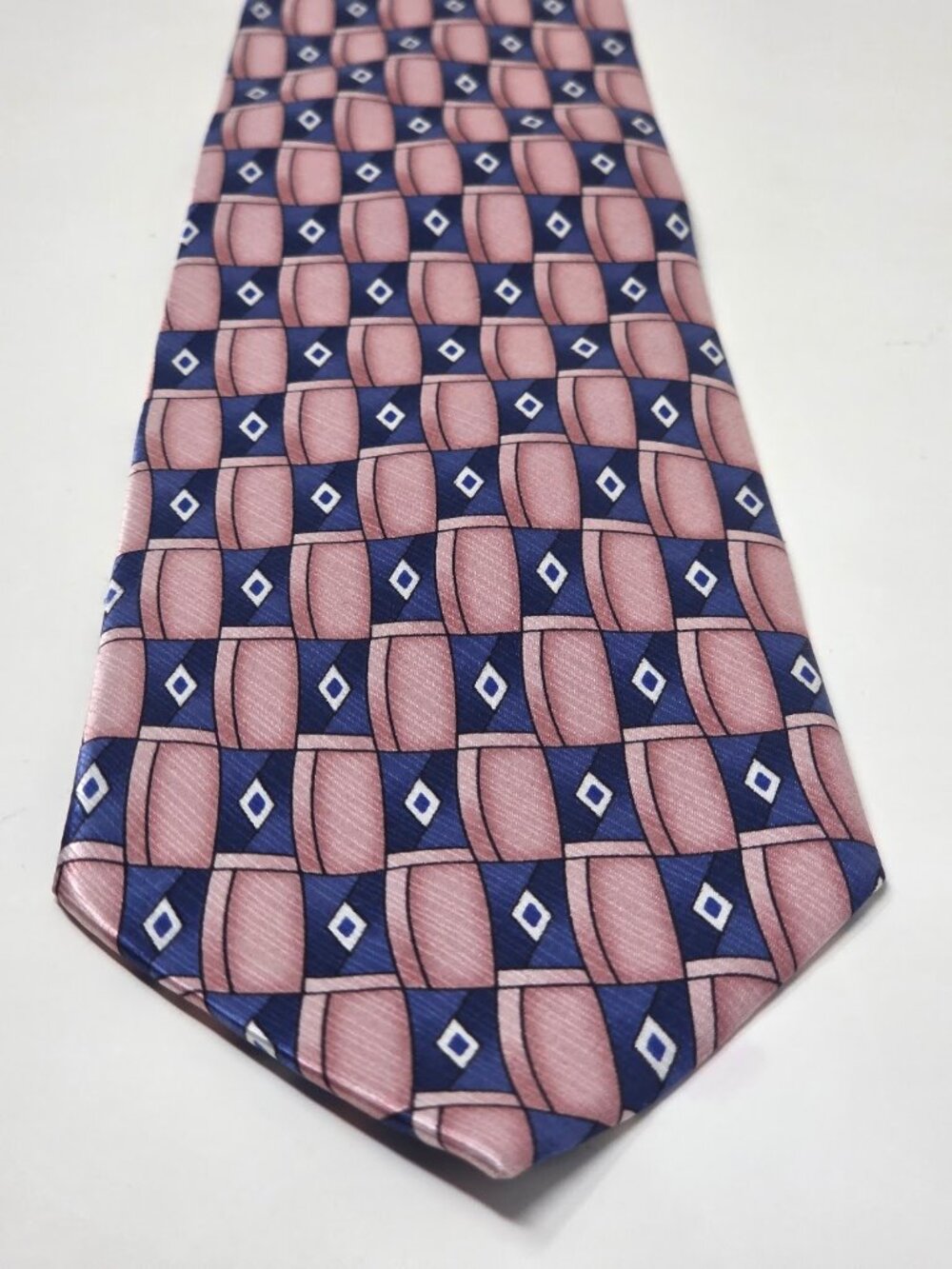 Stafford 59 Inch Mens Silk Necktie Pink Navy Geometric Diamond Pattern Tie